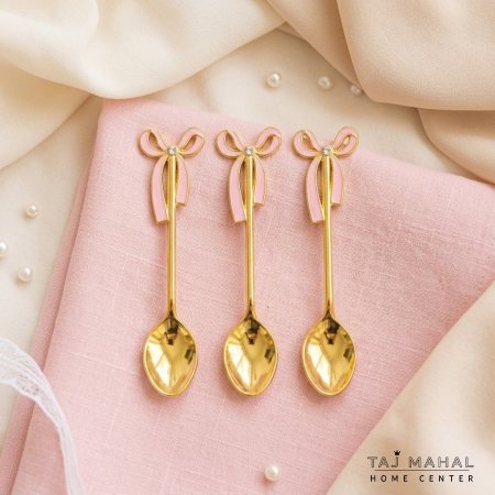 طقم معالق حلويات صغيرة لون ذهبي بتصميم فيونكة ٣ قطع